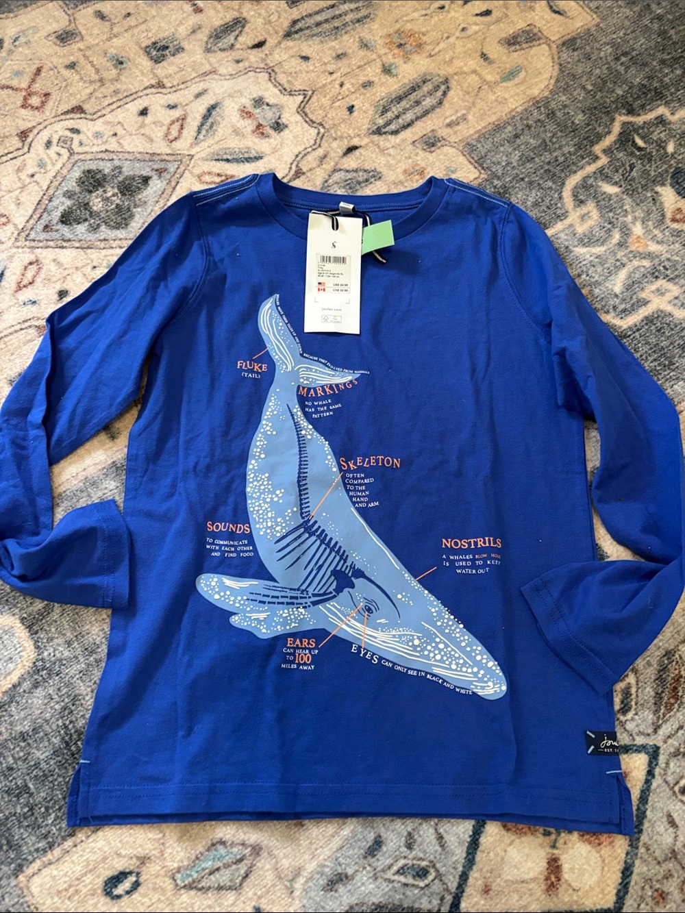 NWT. Joules Royal Blue Whale Graphic Long Sleeve, size 9/10